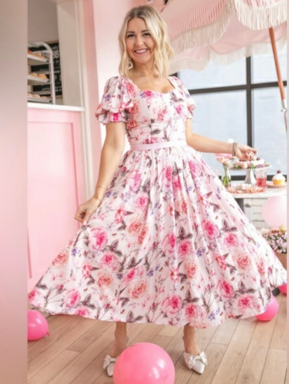 IVY CITY Pink Floral Midi Ballerina Dress with Sweetheart Neckline Sz.XL NWT